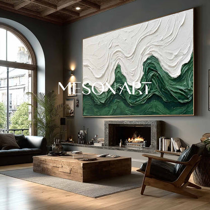 Long Horizontal Abstract Wave Art | Framed Textured Emerald Green Canvas