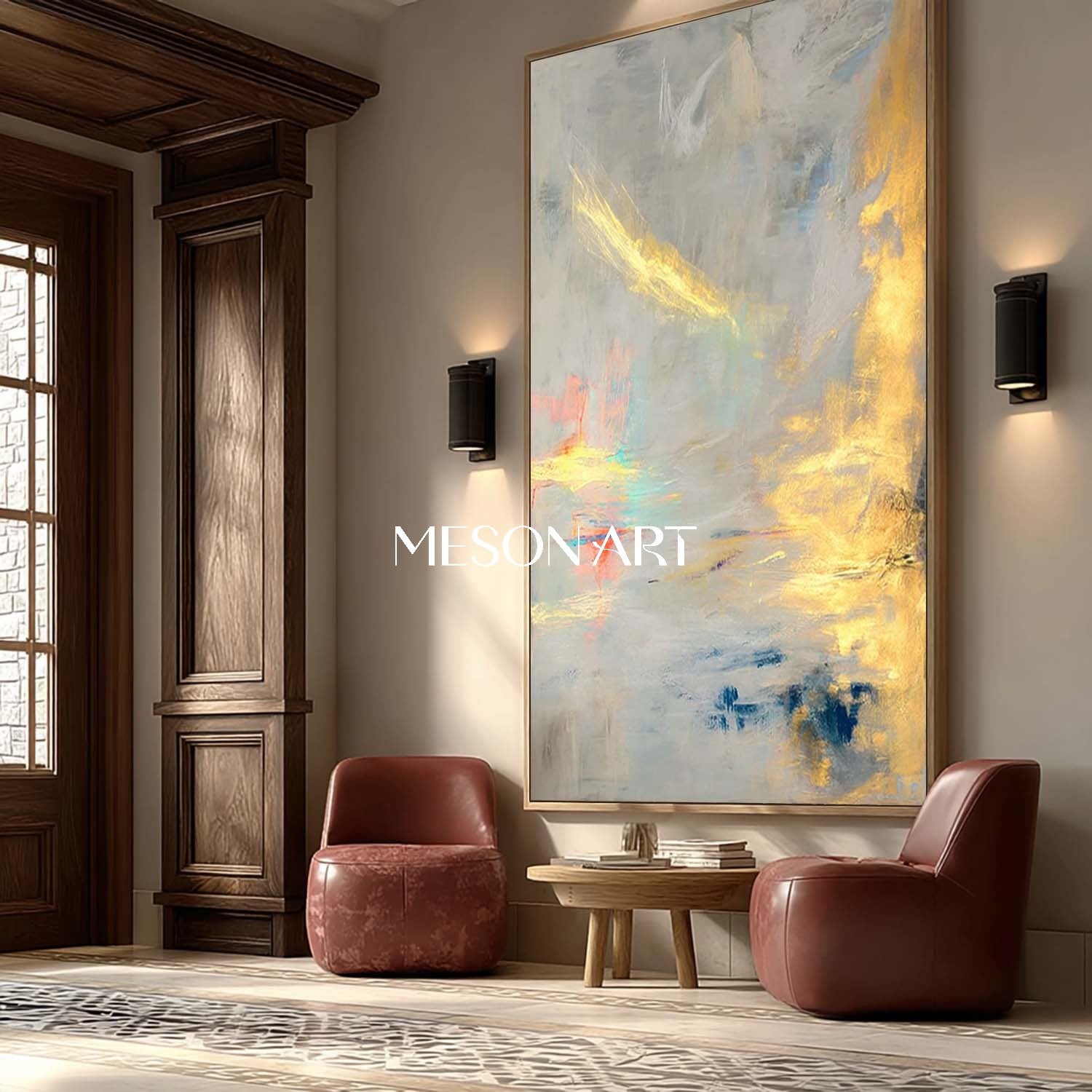 Gold Gray Abstract Textured Painting Large Vertical Entryway Wall Art