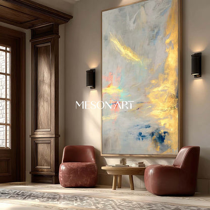 Gold Gray Abstract Textured Painting Large Vertical Entryway Wall Art