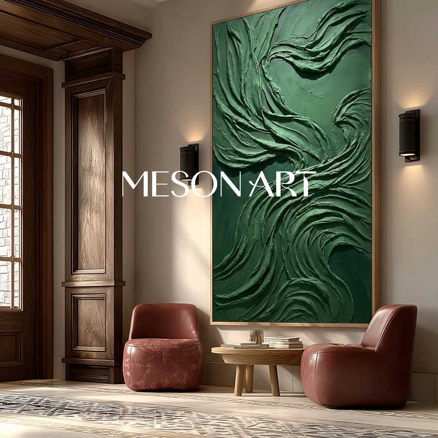 Minimalist Green Interior Decor Dark Green Wall Art Heavy Texture Painting