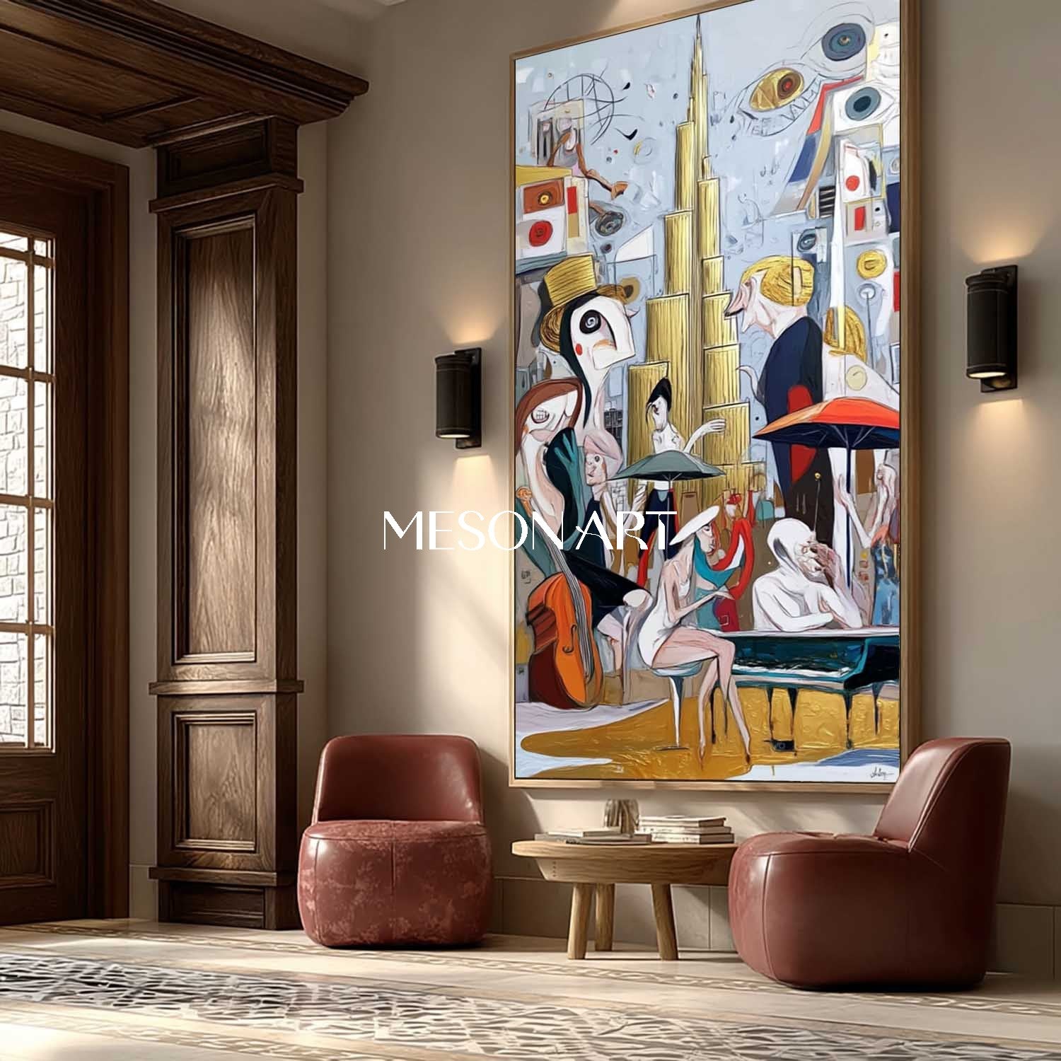 Vertical Abstract Cubism Hand Painted Custom Canvas Entryway Wall Art