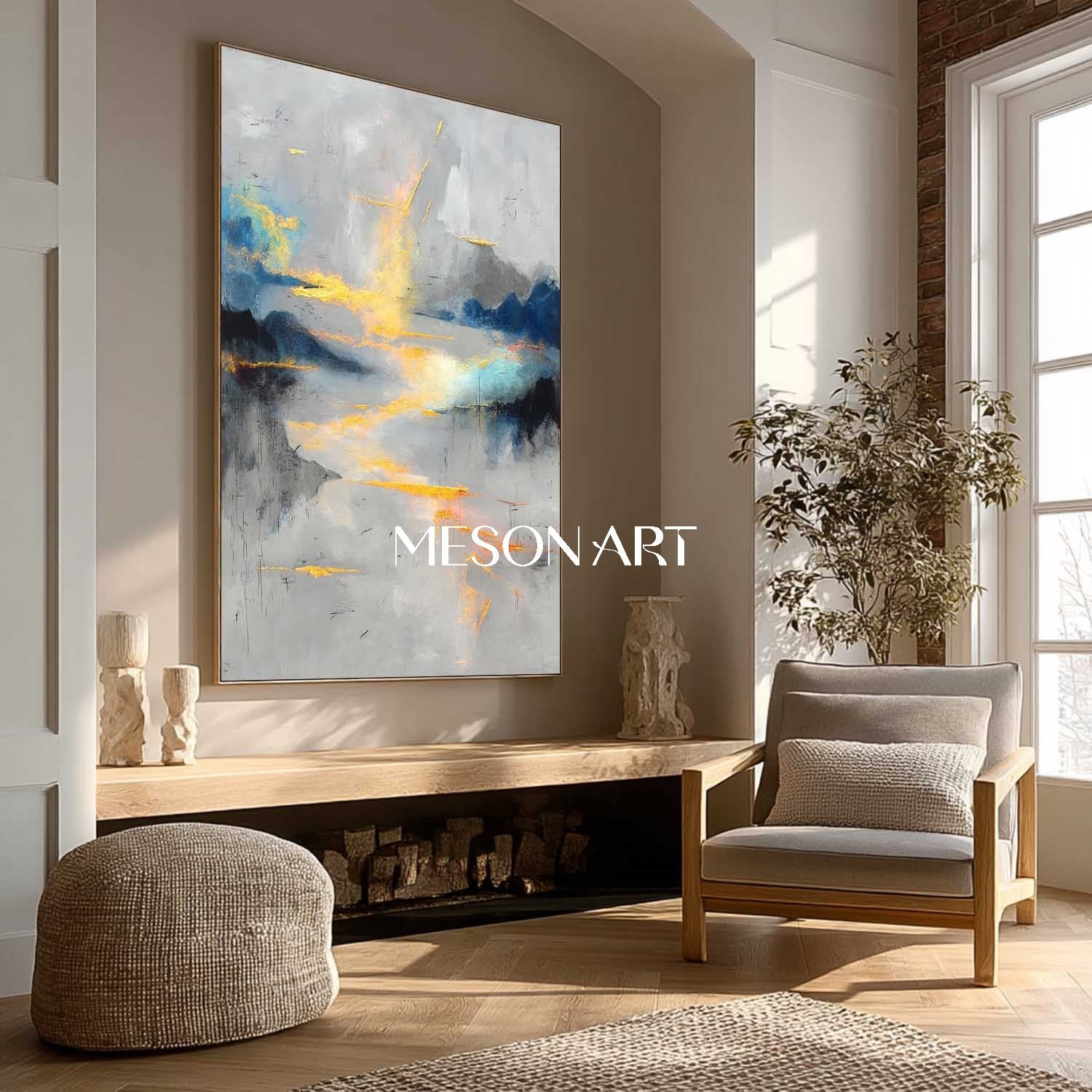 Buy Gray Blue Abstract Oil Painting Modern Textured Canvas Living Room