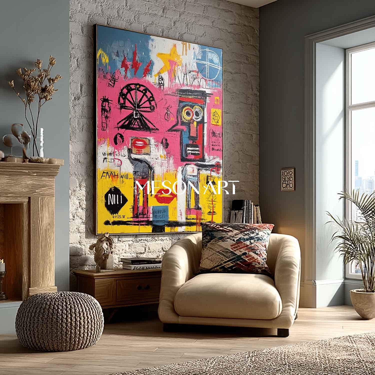 カラフルなバスキア風グラフィティアート原画額装玄関 – MesonArt