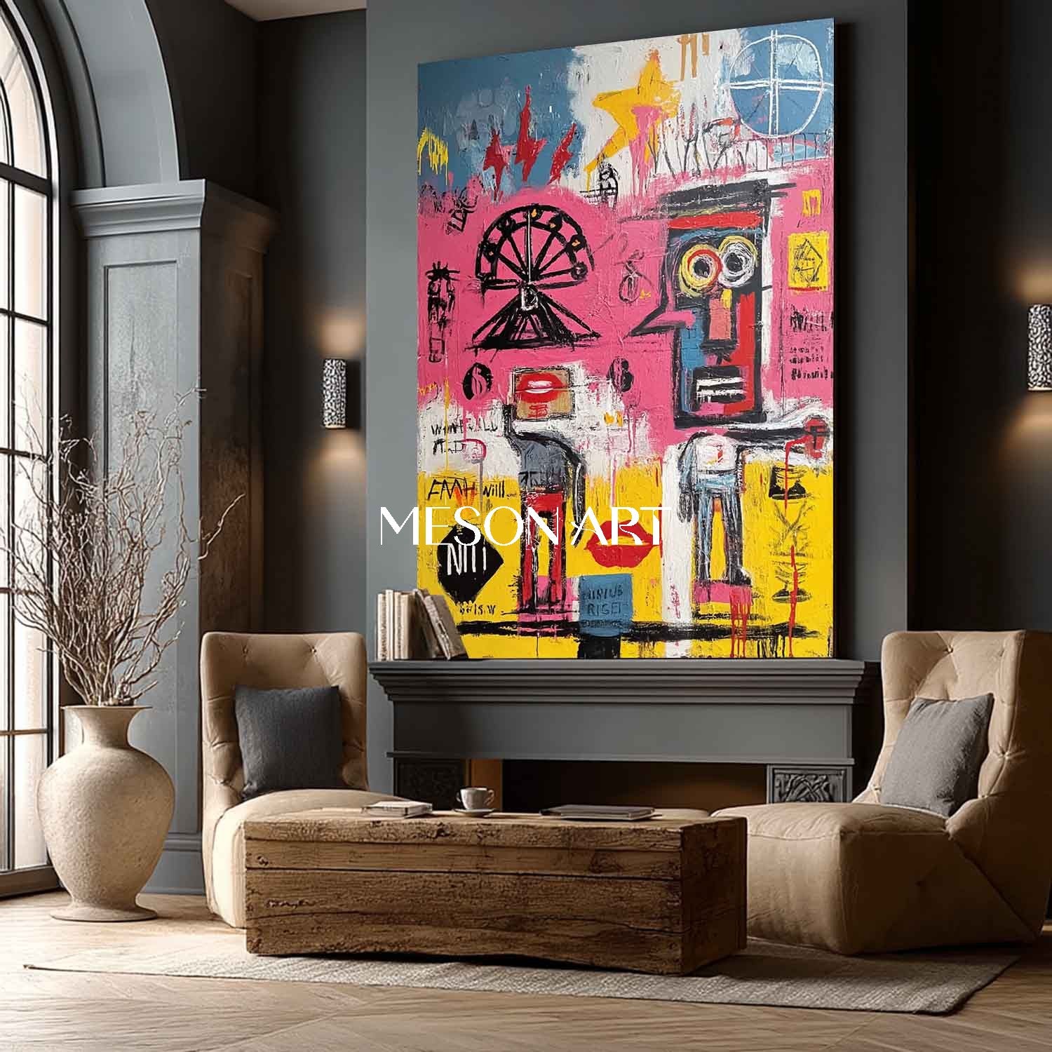 Colorful Basquiat Style Graffiti Art Original Painting Framed Entryway