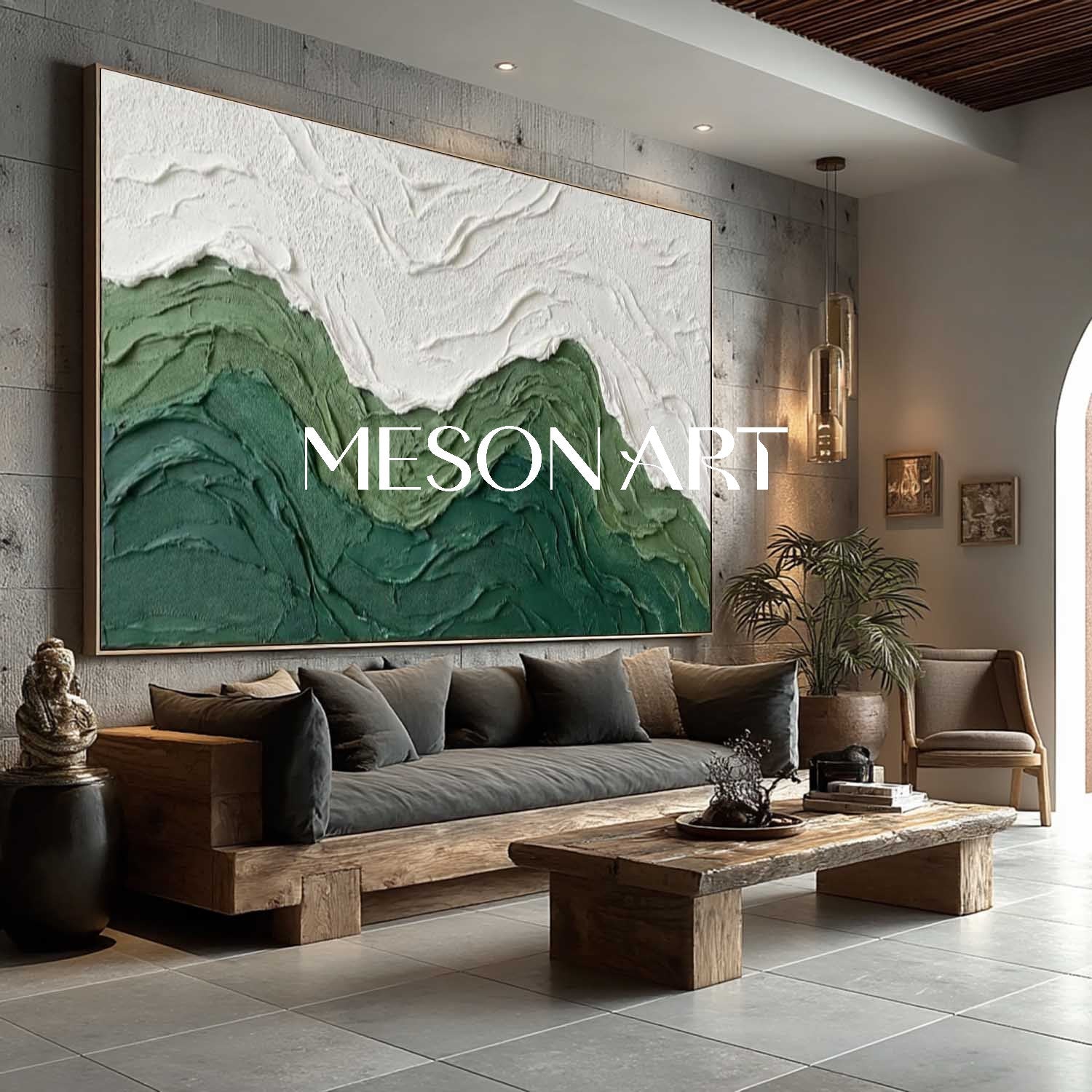 Large Green Living Room Wall Art 3D Abstract Texture Painting Of Ocean Waves And Beaches.