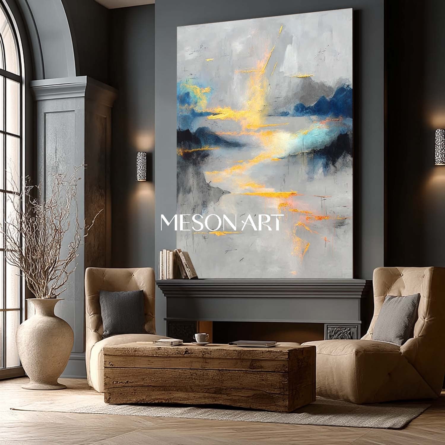 Buy Gray Blue Abstract Oil Painting Modern Textured Canvas Living Room