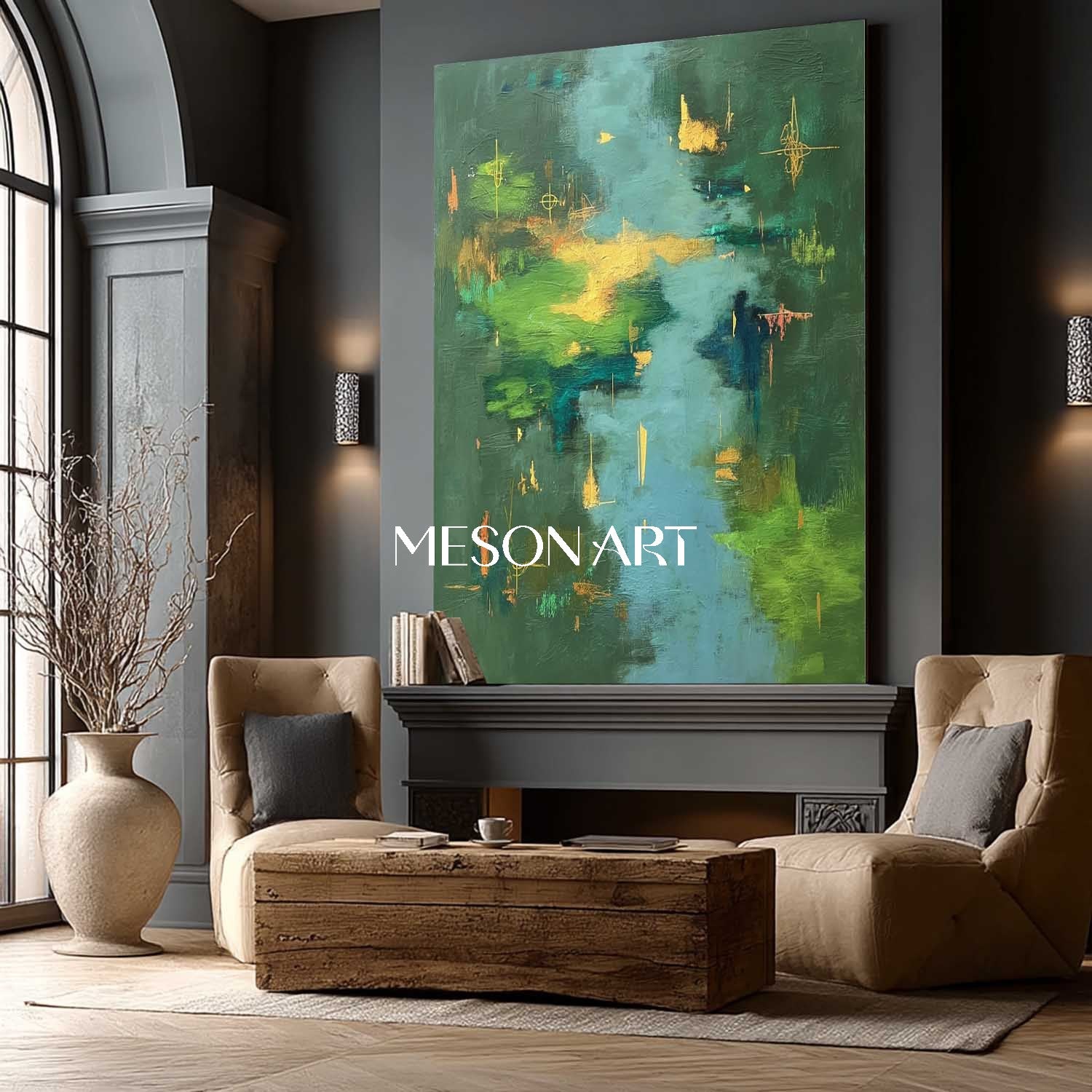 鮮やかな風景キャンバス緑抽象絵画大きな森の壁アート – MesonArt