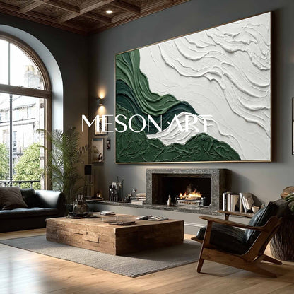 White And Green Abstract Art Canvas Green Panoramic Bedroom Painting.