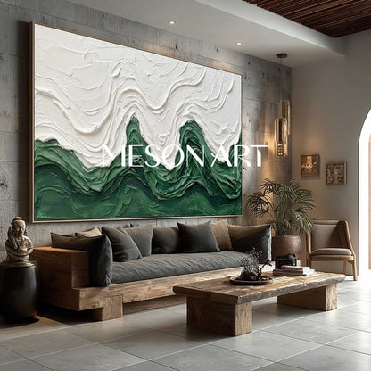 Long Horizontal Abstract Wave Art | Framed Textured Emerald Green Canvas