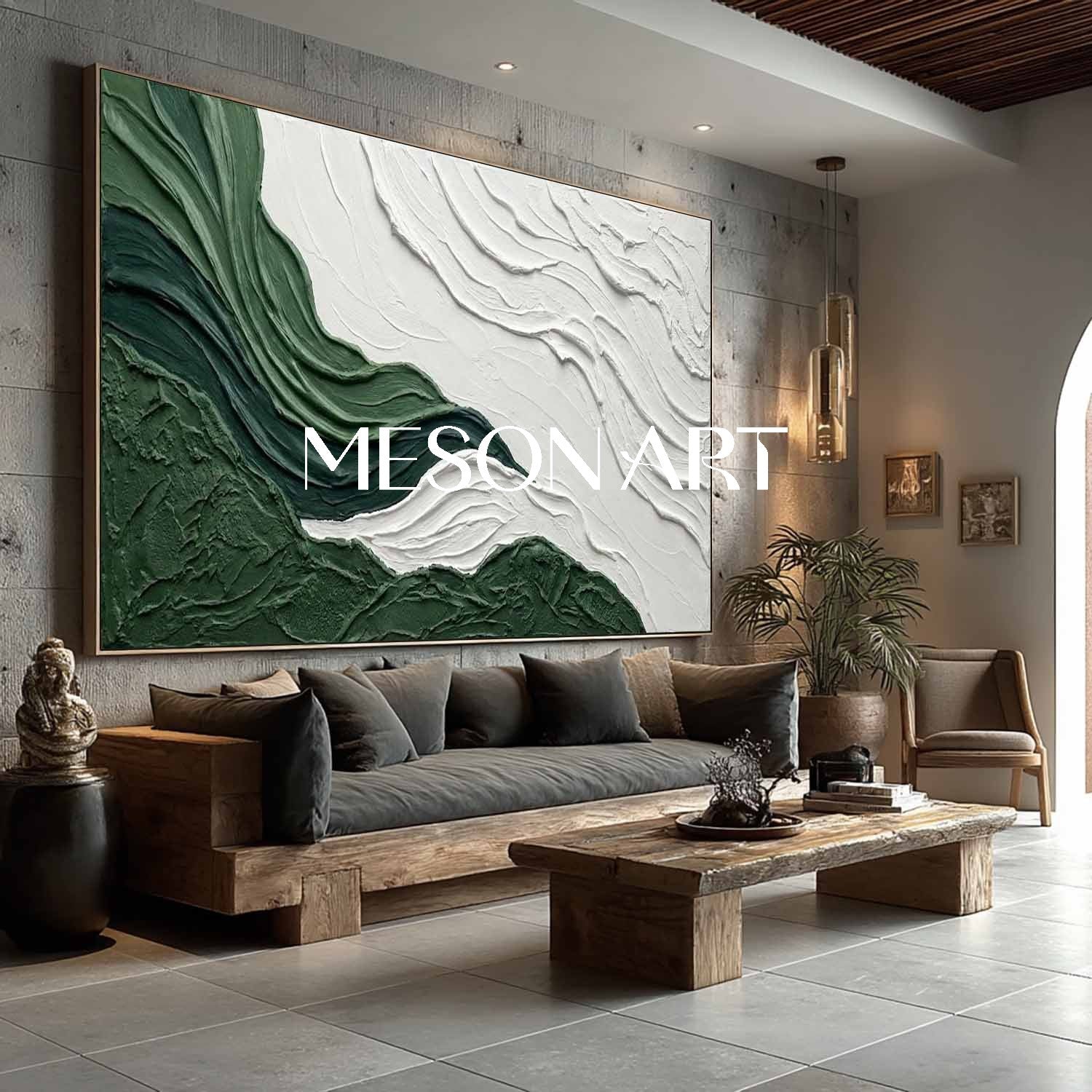 White And Green Abstract Art Canvas Green Panoramic Bedroom Painting.