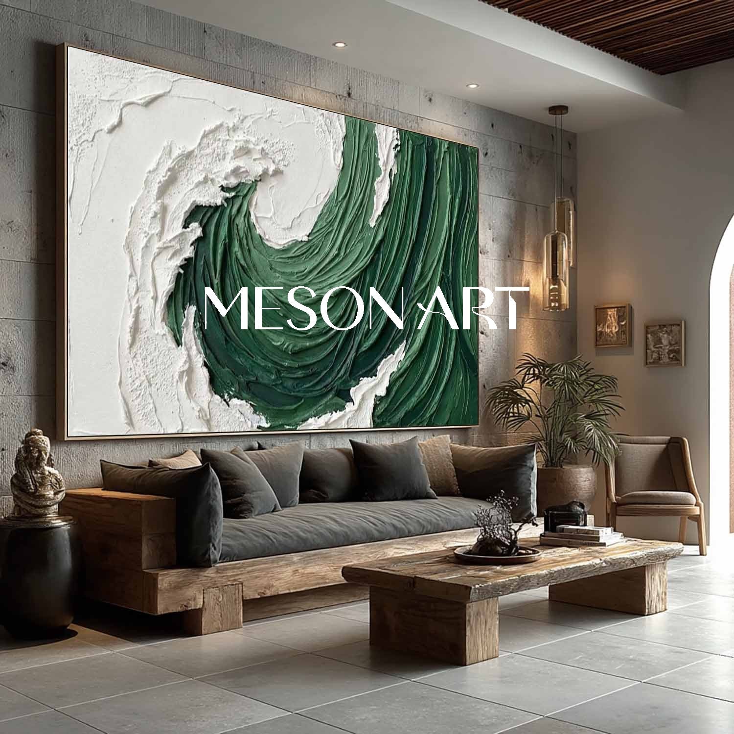 Large green ocean wave bedroom wall art, abstract beach texture painting