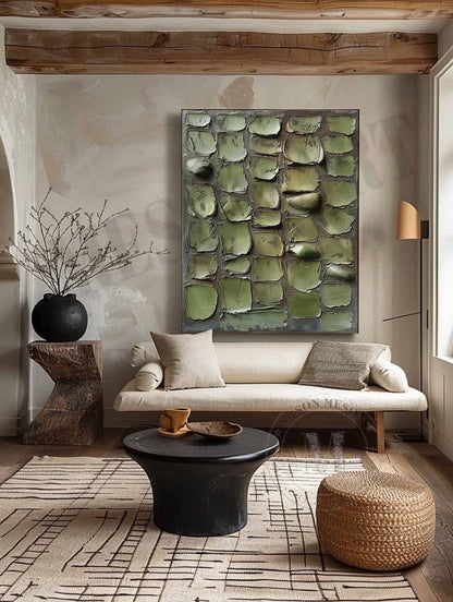 Large 3D Green Abstract Canvas Art for Sale Wabi Sabi Abstract Art Green Canvas Wall Painting