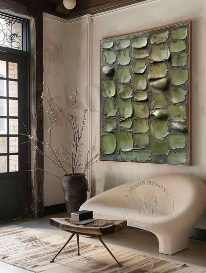 Large 3D Green Abstract Canvas Art for Sale Wabi Sabi Abstract Art Green Canvas Wall Painting