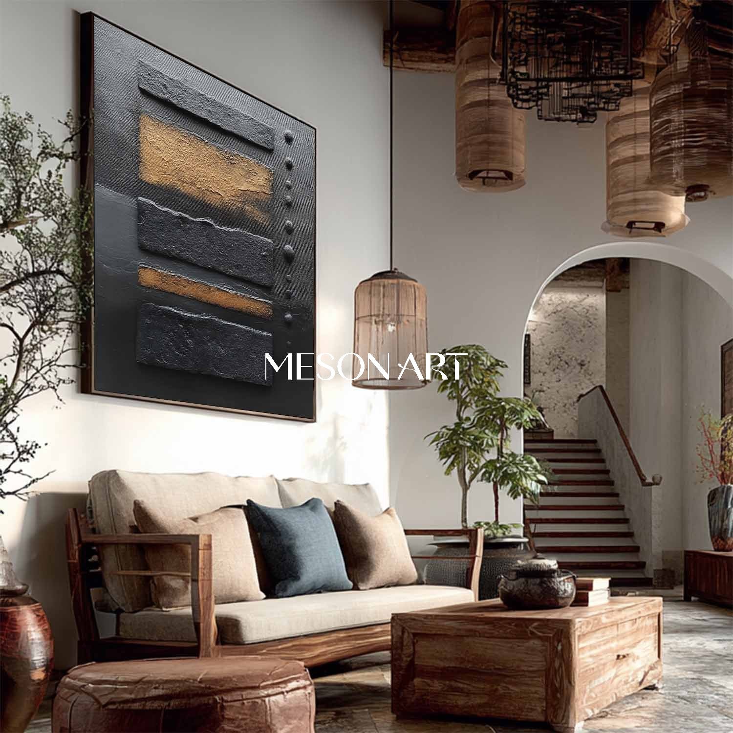 黒と金のテクスチャ抽象絵画をベッドルーム用に額装オーダー – MesonArt