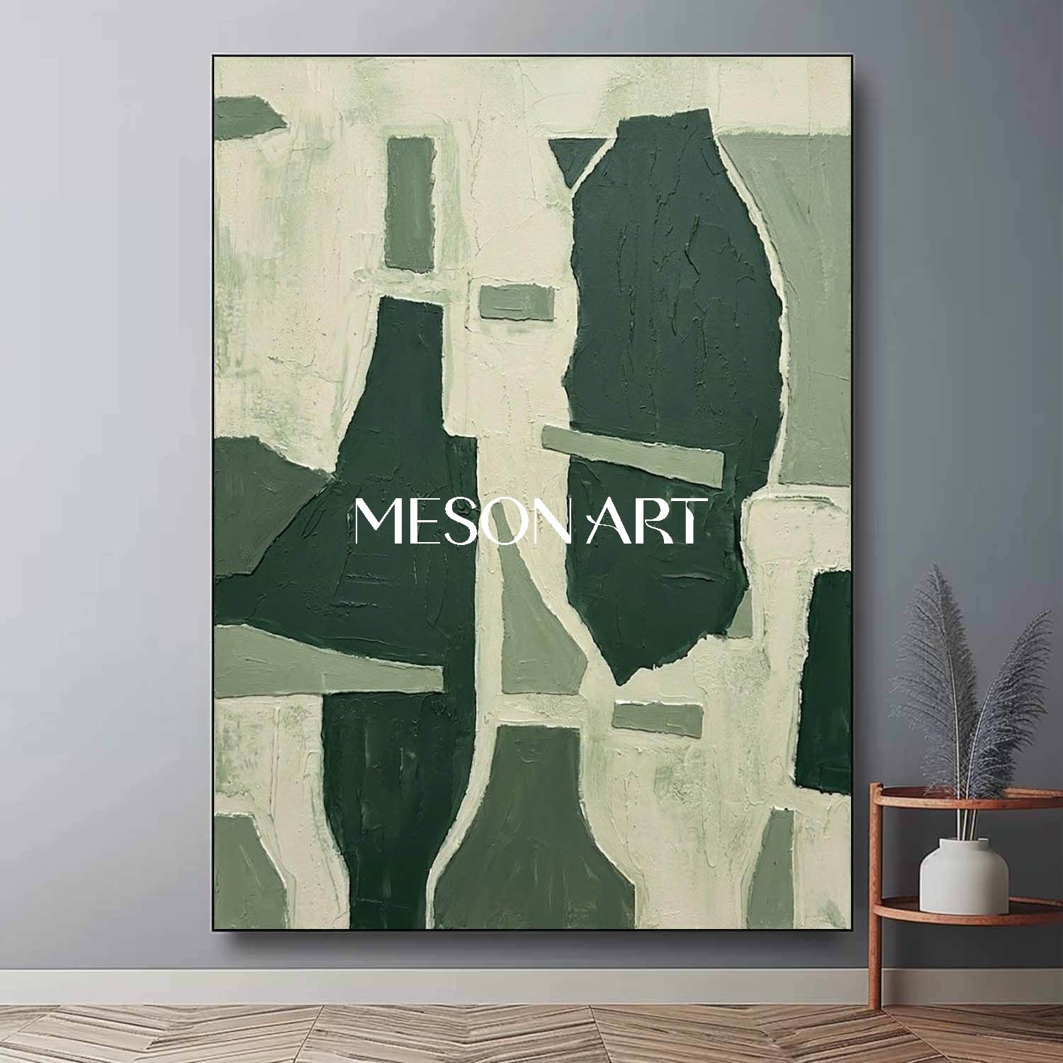 MesonArt Sage Green Geometric Canvas | 3D Textured Abstract Art