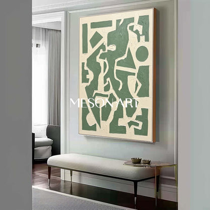 Vertical Sage Green Maze Art Modern Geometric Puzzle Painting MesonArt Exclusive Statement Piece