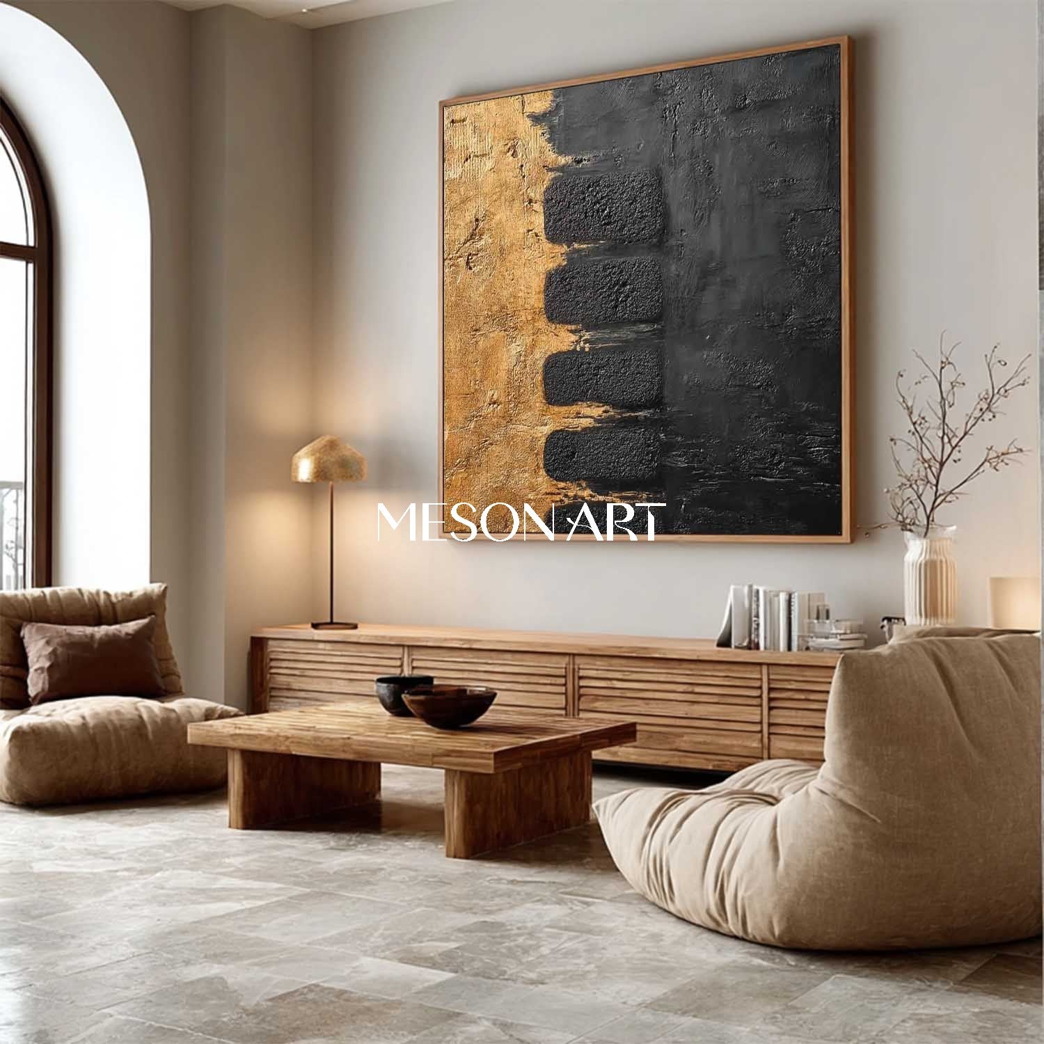 Textured Abstract Gold and Black Minimalist Art for Elegant Interiors