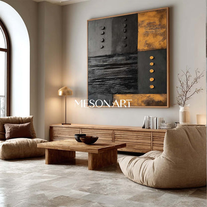 Contemporary Black and Gold Abstract Minimalist Artwork Textured Art