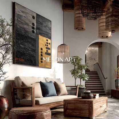 Wabi-Sabi Minimalist Abstract Black and Gold Modern Art Canvas Hallway