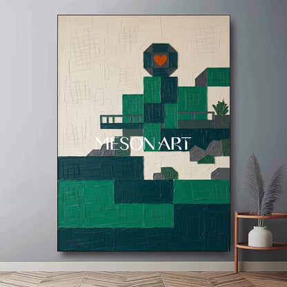 3D Textured Emerald Green Cityscape Canvas Wall Art | Geometric Urban Skyline Plaster Decor