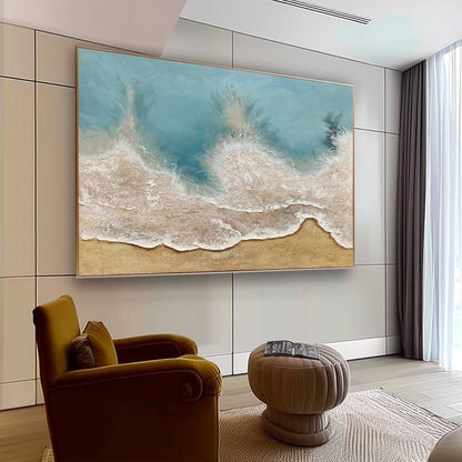 Large Light Blue Coast Texture Painting Light Blue Coast Canvas Wall Art Light Blue Abstract Art for Sale