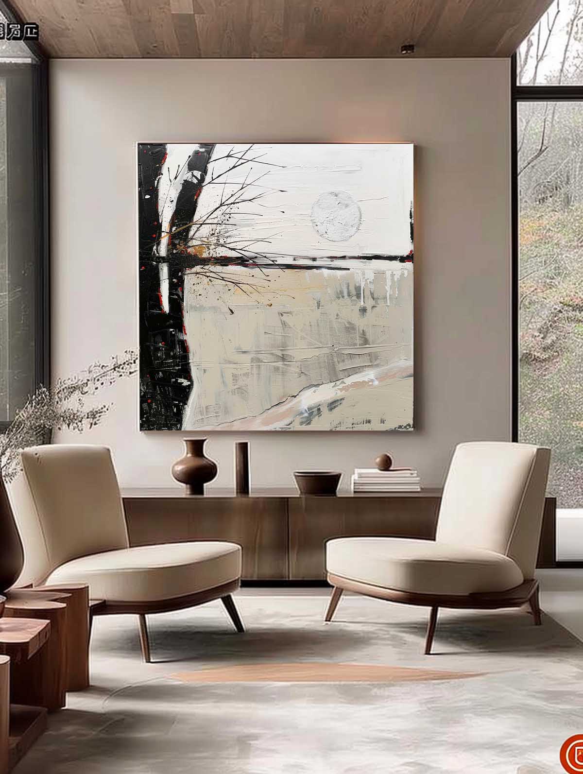 Wabi-Sabi Wall Art Gray and White Abstract Art Gray and White Landscape Canvas Oil Painting