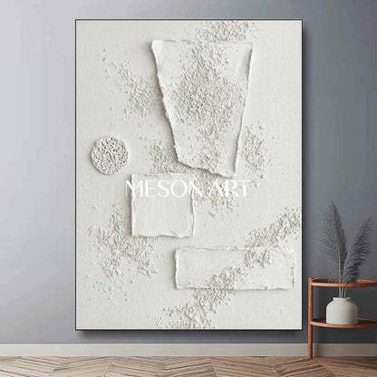 Modern 3D White Geometric Textured Canvas Painting - Abstract Plaster Relief Wall Art by MesonArt