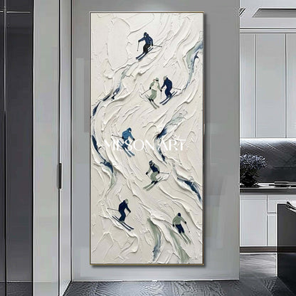 Vertical Plaster Relief Winter Sports Landscape Painting for Entryway Wall