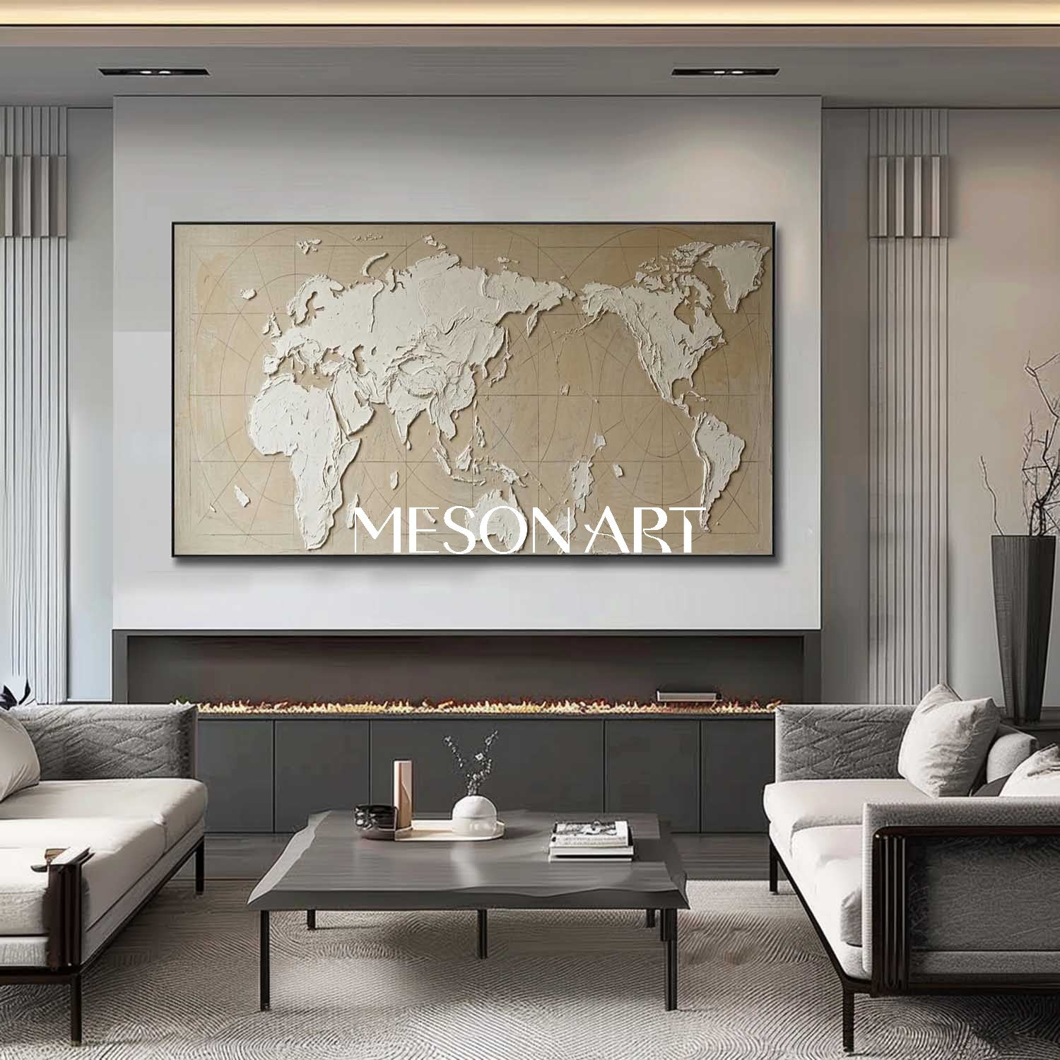 3D Plaster Textured World Map Canvas Art, Gold Framed Wall Painting
