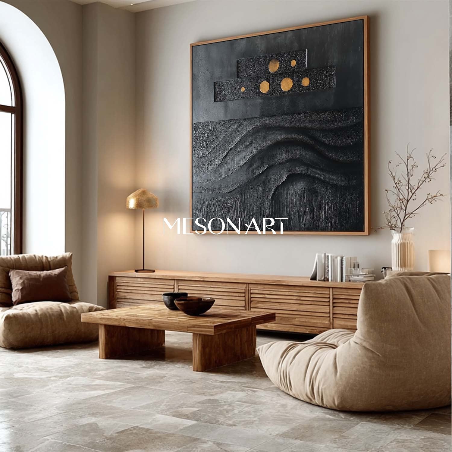 侘び寂び 24×24 壁掛けアート 黒 絵画 手描き抽象キャンバス – MesonArt