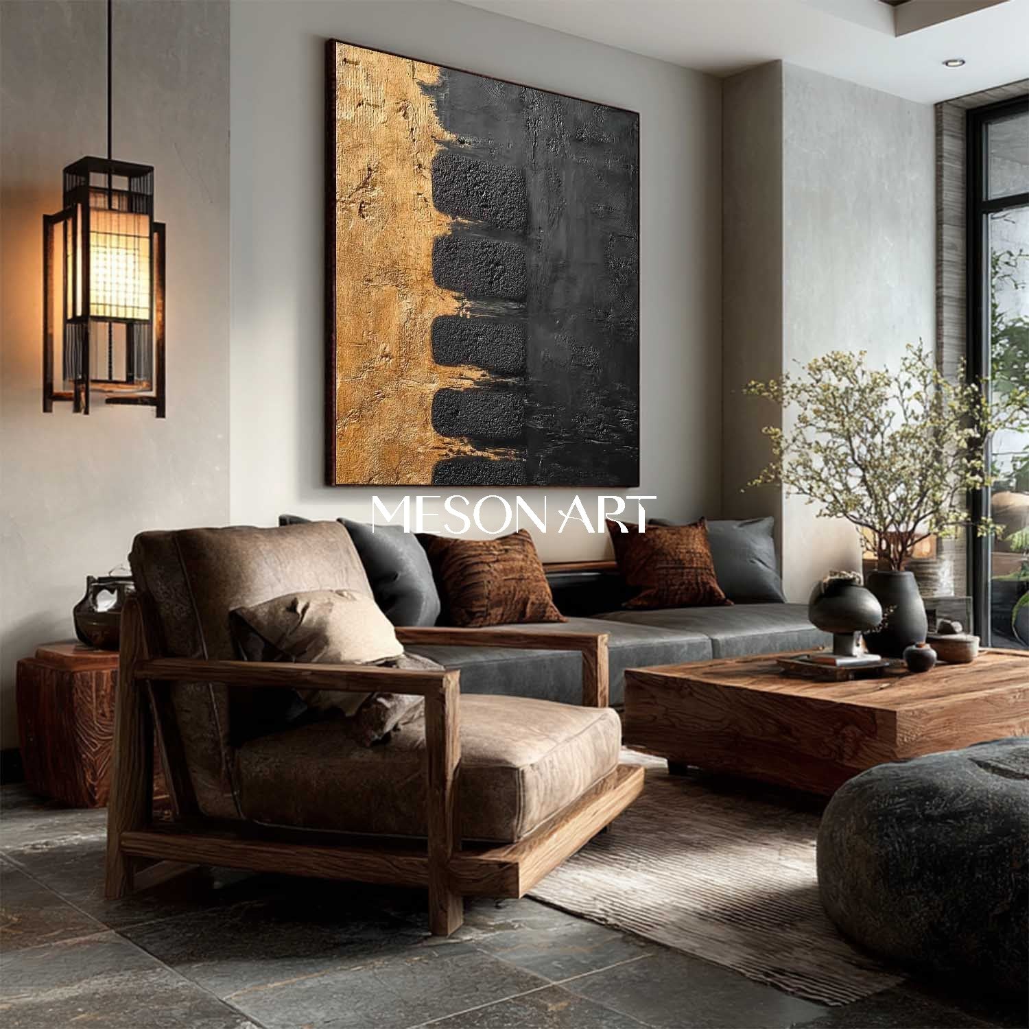 Textured Abstract Gold and Black Minimalist Art for Elegant Interiors