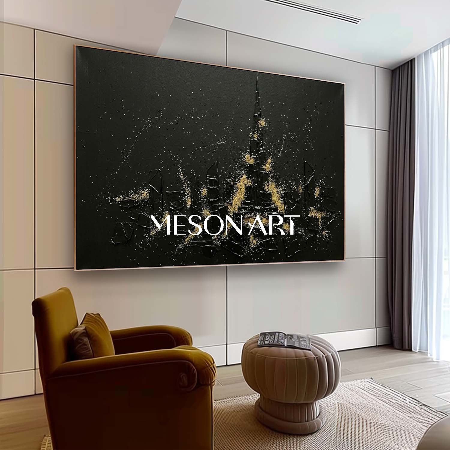 Large 3D Impasto Canvas, Heavy Plaster Architecture Art, Dark Aesthetic Luxury Decor, Gold Dust Urban Landscape.