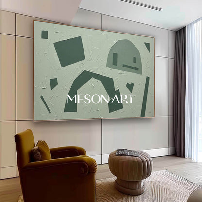 Tonal Sage Framed Painting Panoramic Green Geometric Canvas Above Sofa Abstract Wall Decor