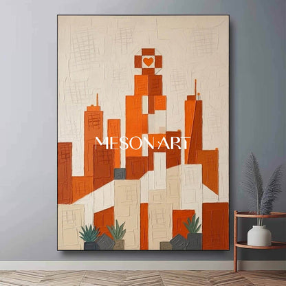 MesonArt 3D Textured Abstract Cityscape Canvas Painting | Warm Orange Geometric Plaster Wall Art | Framed Modern Home Decor