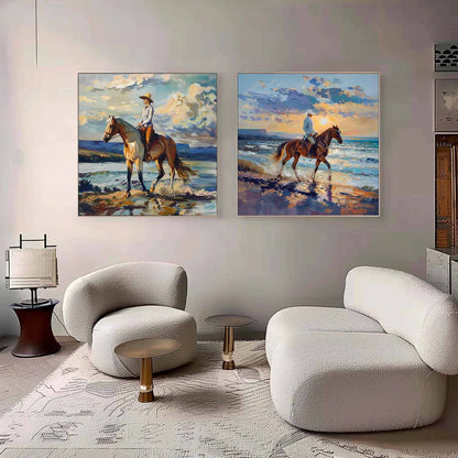 Seaside Horse Riding Canvas Wall Painting Decoration 2-Piece Set Colorful Equestrian Strolling Canvas Art
