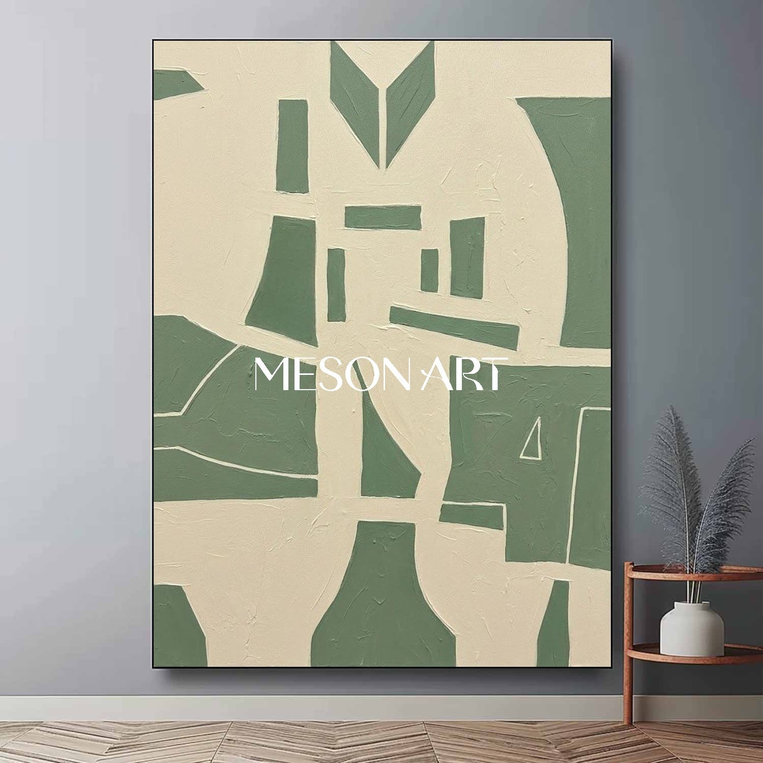 MesonArt Sage Green Abstract Canvas | 3D Geometric Plaster Art