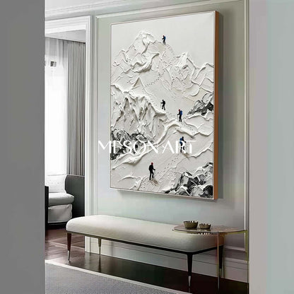 Large 3D Textured Snowy Mountain Hiker Oil Painting Minimalist Alpine Glacier Relief Wall Art Gold Frame