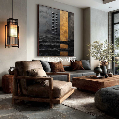Large Black and Gold Abstract Textured Oil Painting for Living Room