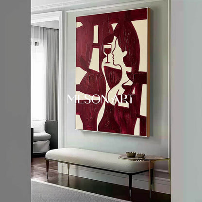 Burgundy Impasto Wall Art Modern Romantic Aesthetic Dining Room Statement Piece
