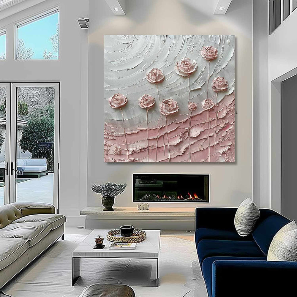 3D Pink Roses Oil Painting for Sale Pink Flowers Plaster Art Textured ...
