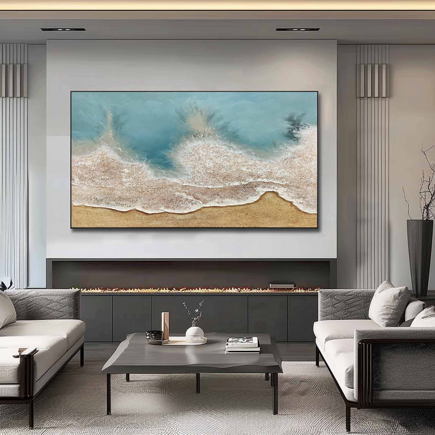 Large Light Blue Coast Texture Painting Light Blue Coast Canvas Wall Art Light Blue Abstract Art for Sale