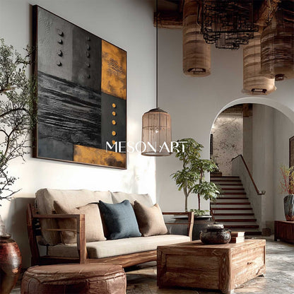 Contemporary Black and Gold Abstract Minimalist Artwork Textured Art