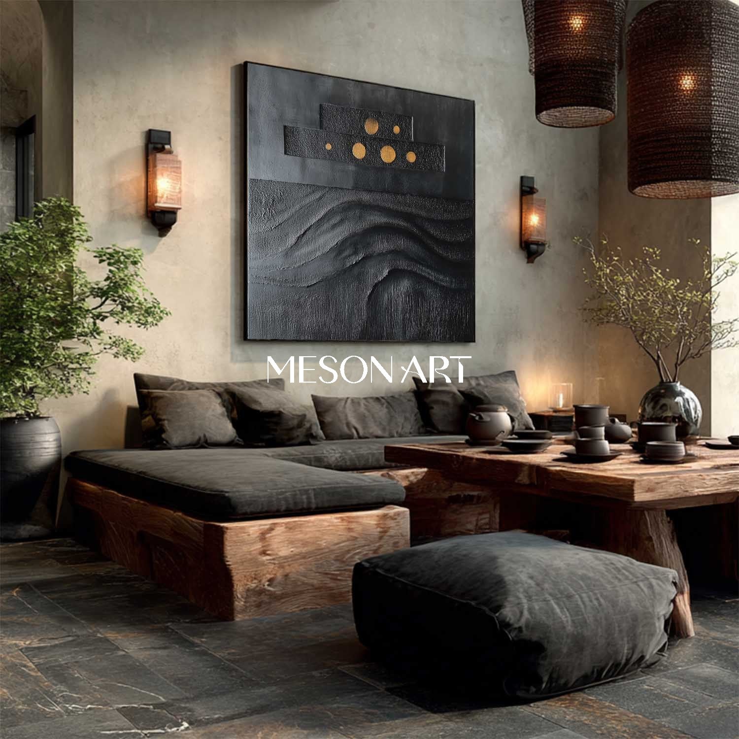 Wabi-Sabi 24×24 Wall Art Black Painting Hand-Painted Abstract Canvas