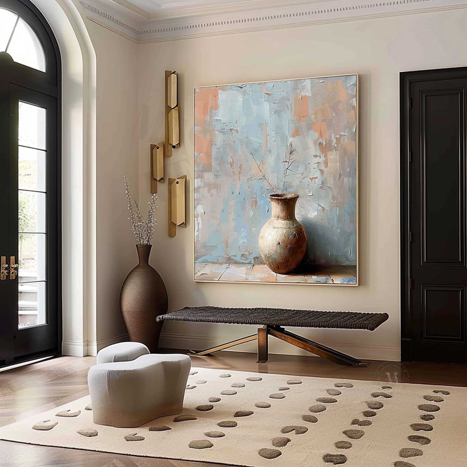 Cyan Clay Pot Minimalist Painting Clay Pot Wabi Sabi Canvas Wall Art for Sale