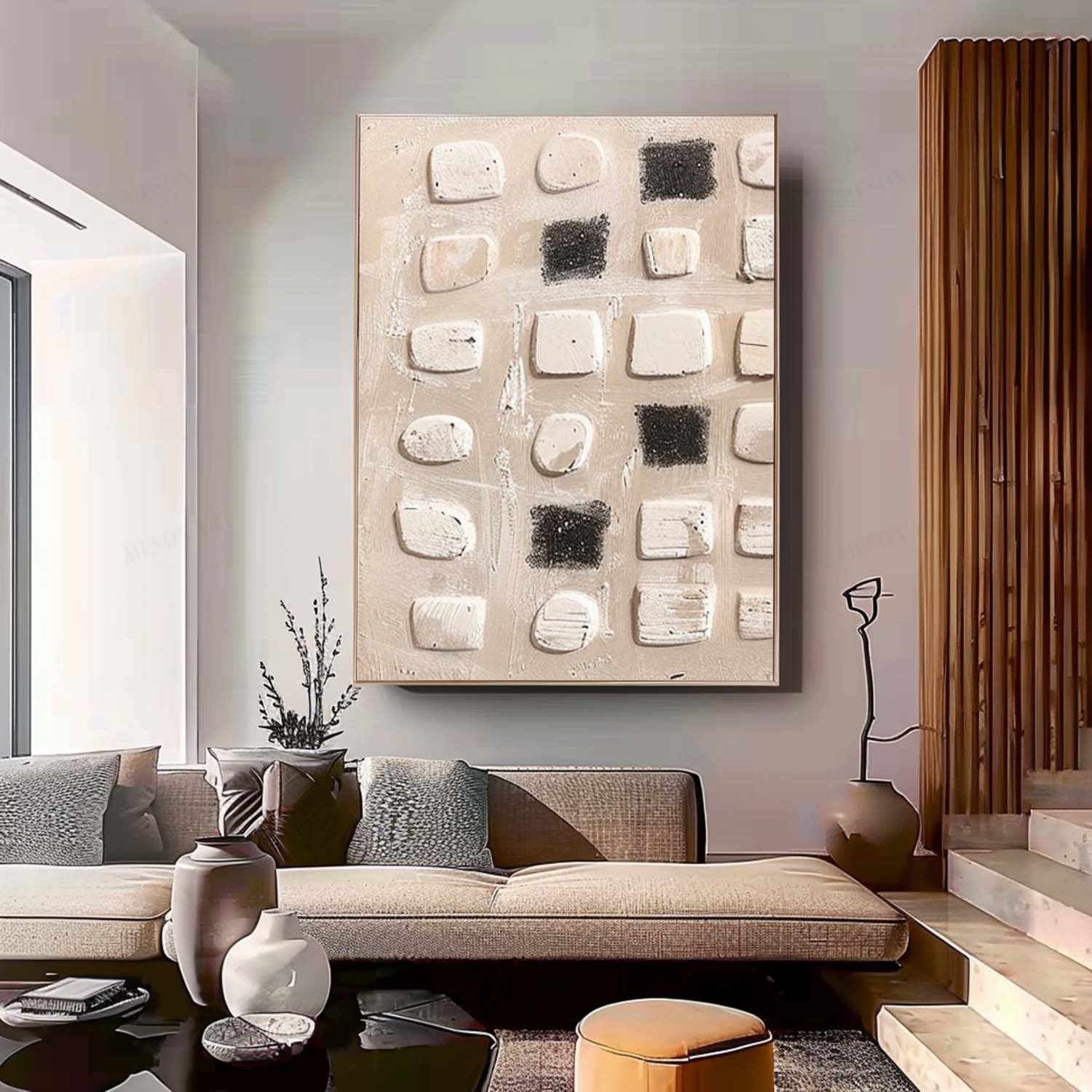 Wabi Sabi Wall Art Large Gray and Brown Abstract Art on Canvas 3D Gray Black Texture Painting