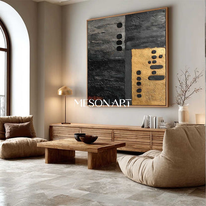 Wabi-Sabi Minimalist Abstract Black and Gold Modern Art Canvas Hallway