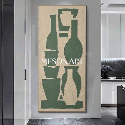 MesonArt Tall Vertical Vase Art Sage Green Stacked Bottles Heavy Impasto Staircase Painting
