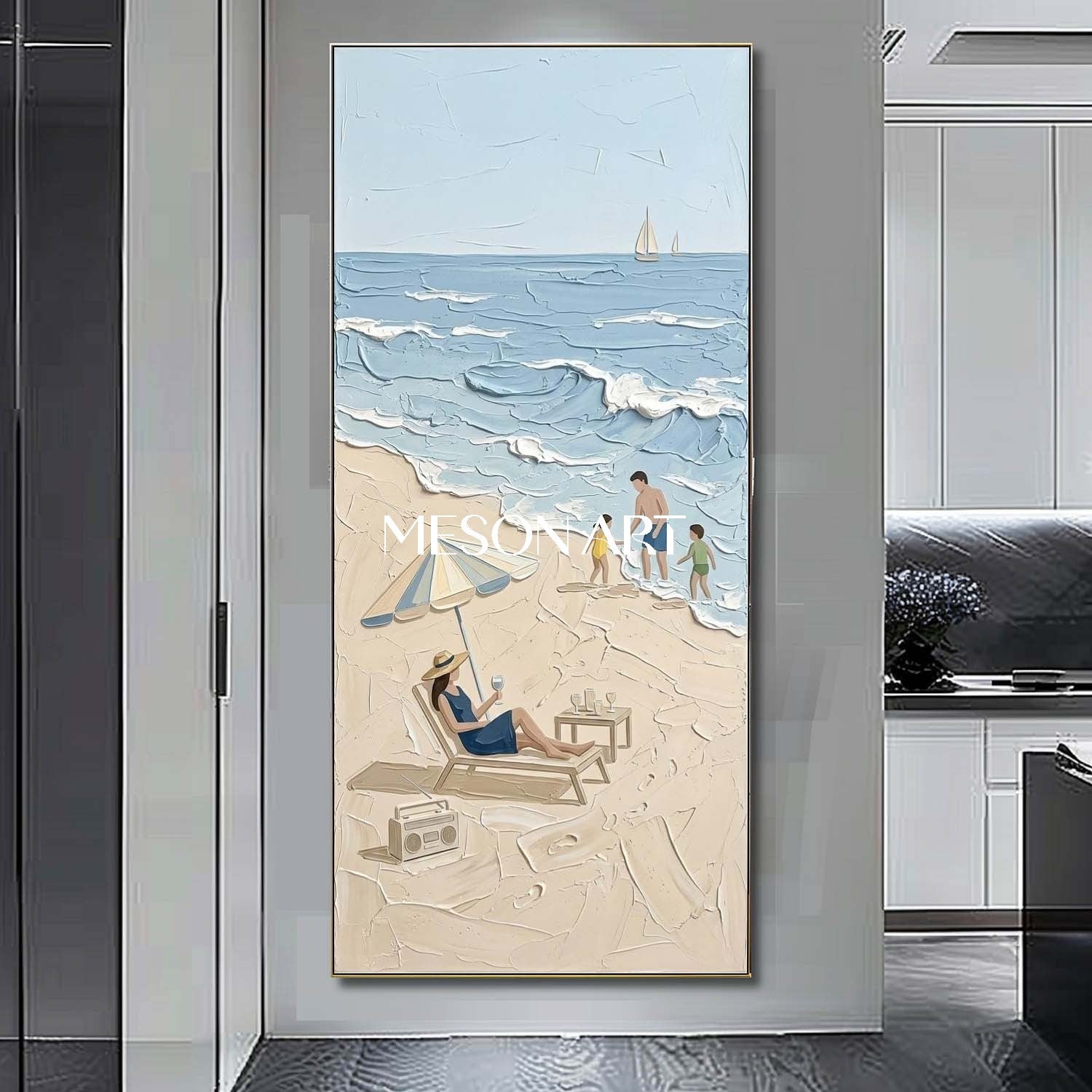 3D Textured Beach Painting Minimalist Coastal Art Hand-painted Texture Art Bohemian Beach Wall Art