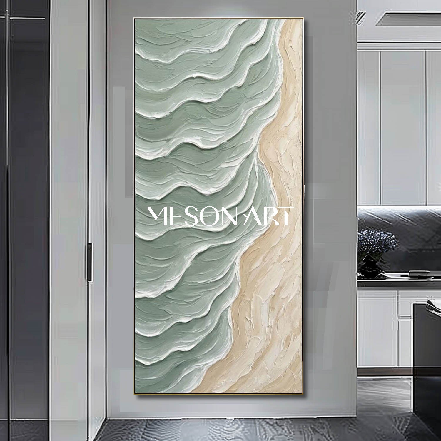 Large Green Wave And Beach Canvas Wall painting Minimalist Sea Wall Art Decoration