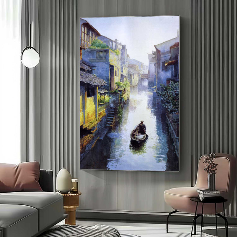 Large Realistic Water Town Landscape Art Venice Water Town Landscape Canvas Wall Art For Sale